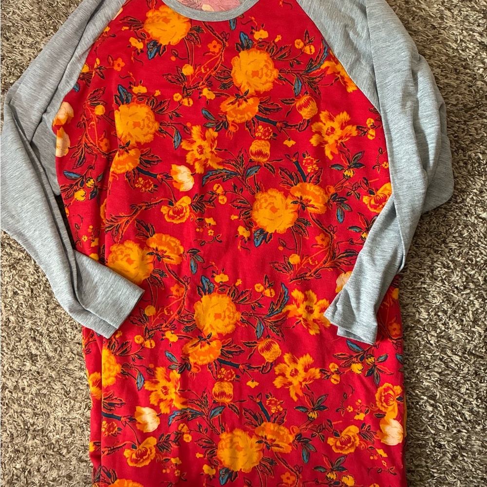 LuLaRoe Red Floral Raglan with Gray Trim